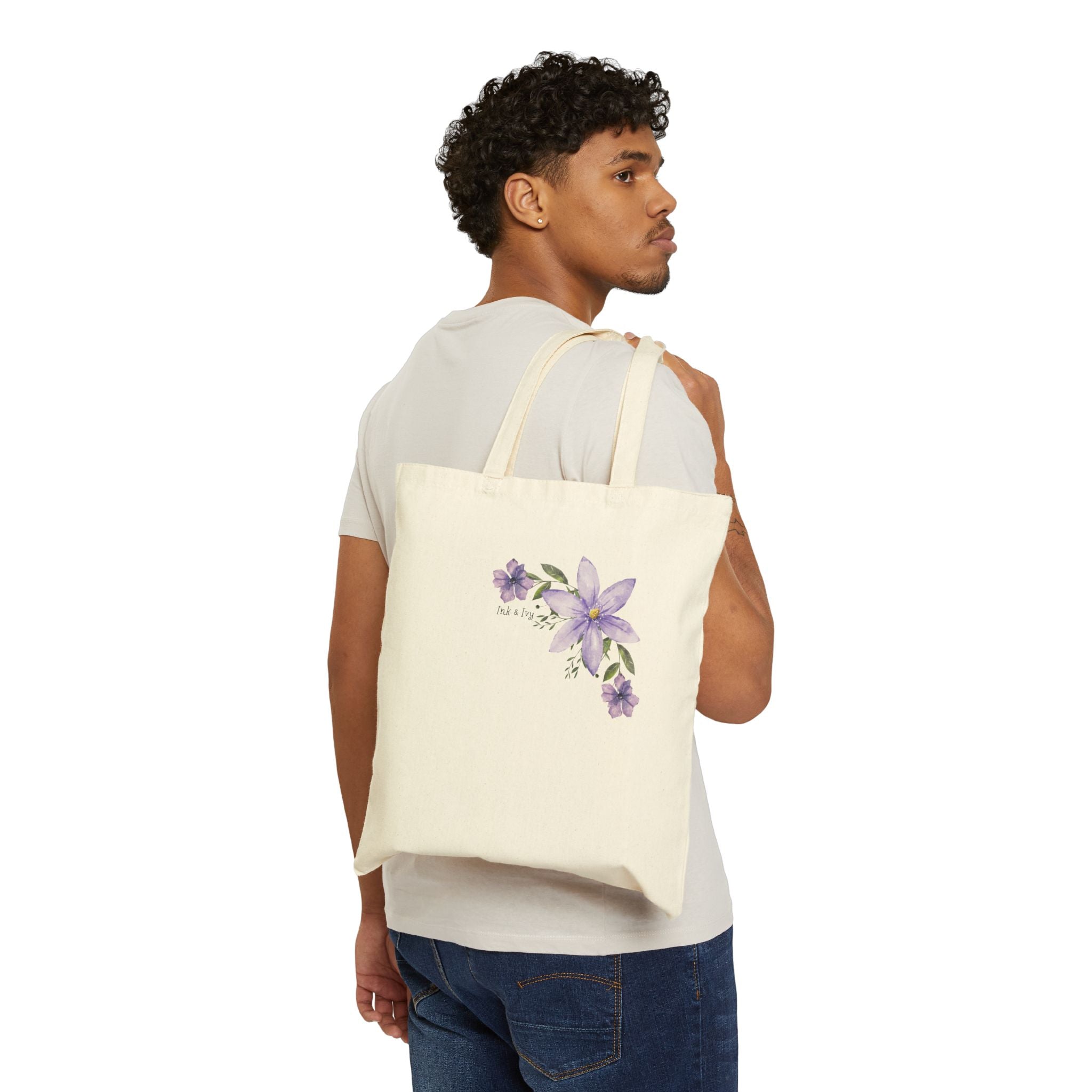 Canvas Tote Bag — Purple Watercolor Clematis Floral Grocery & Market Bag