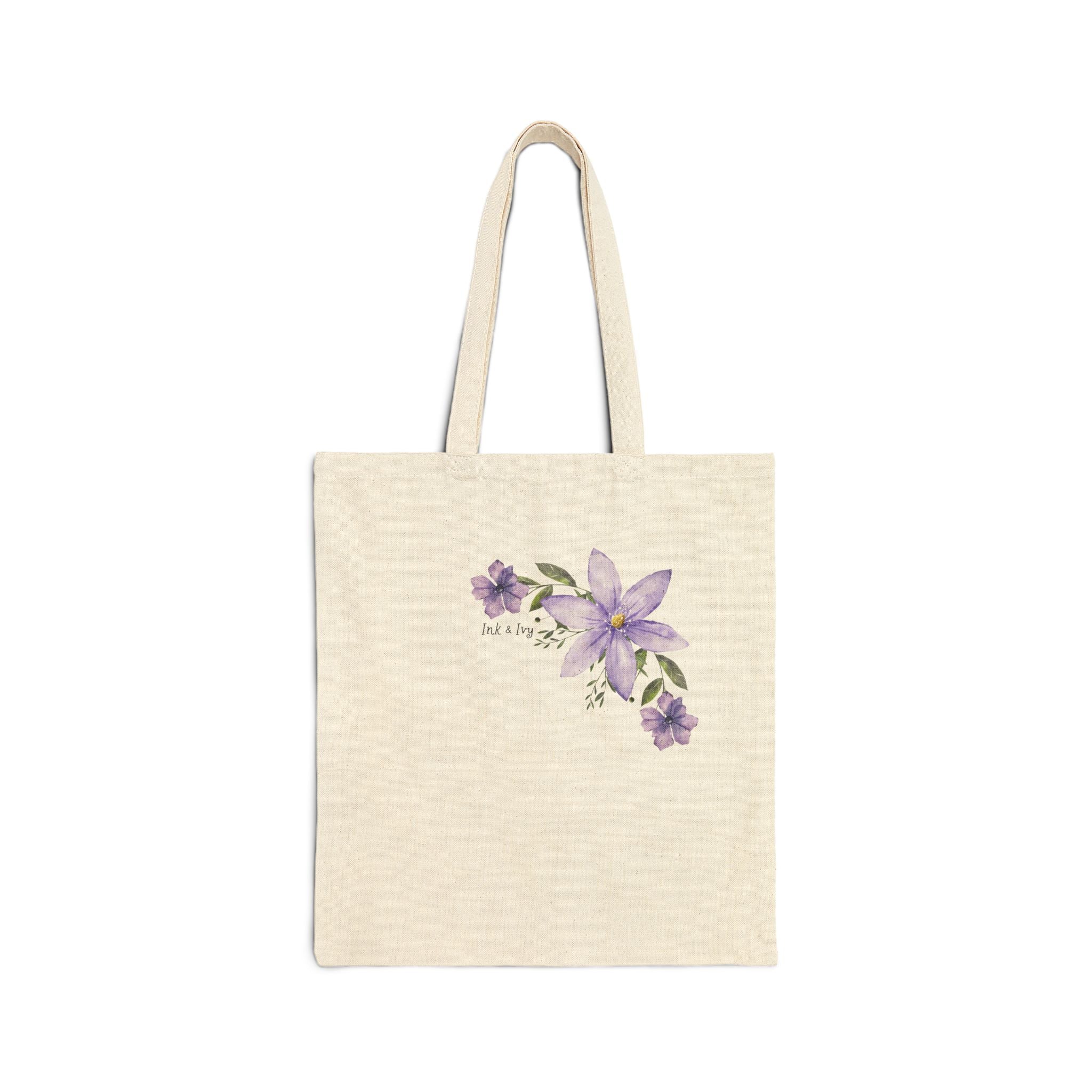 Canvas Tote Bag — Purple Watercolor Clematis Floral Grocery & Market Bag