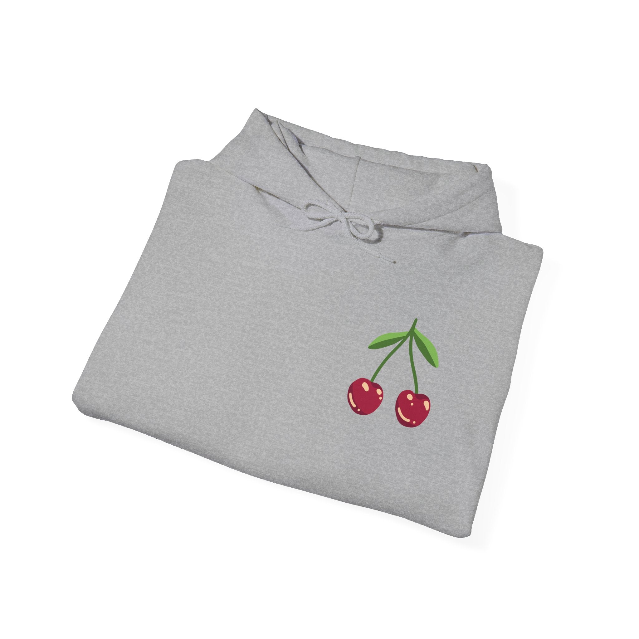 Cherry Minimalist Hoodie — Small Cherry Chest & Sleeve Print