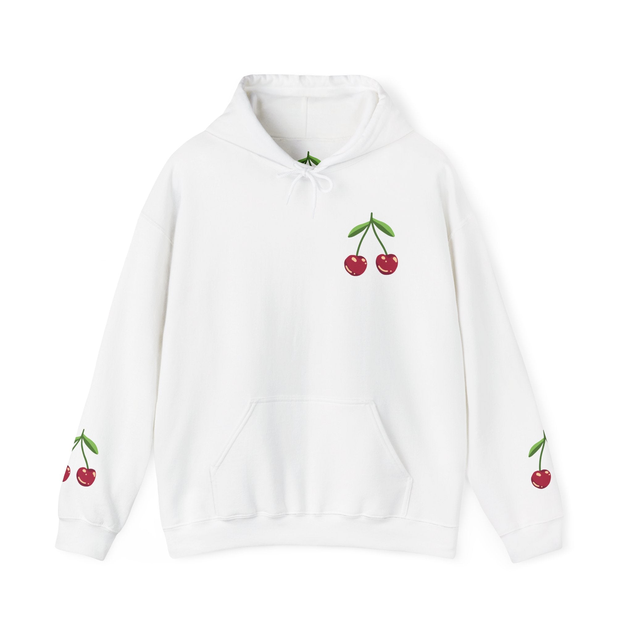 Cherry Minimalist Hoodie — Small Cherry Chest & Sleeve Print