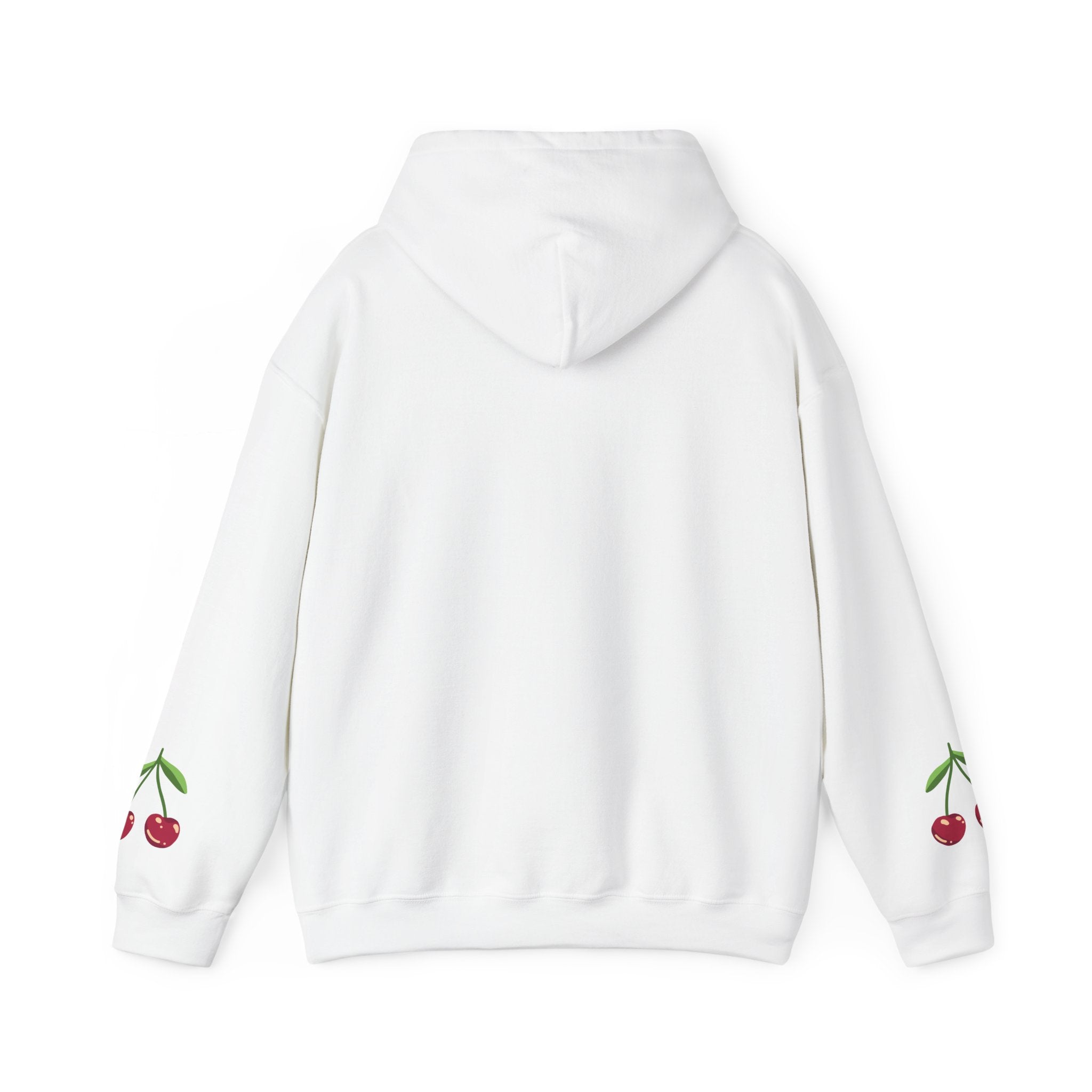 Cherry Minimalist Hoodie — Small Cherry Chest & Sleeve Print