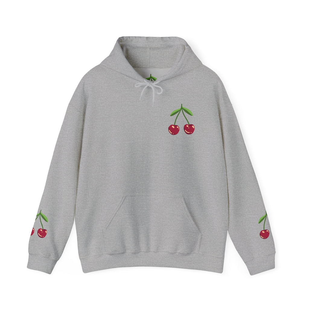 Cherry Minimalist Hoodie — Small Cherry Chest & Sleeve Print
