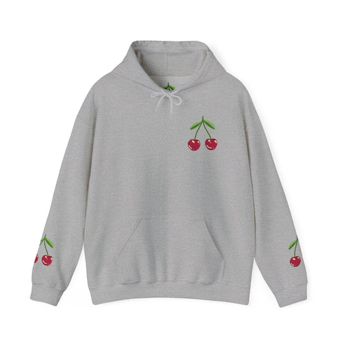 Cherry Minimalist Hoodie — Small Cherry Chest & Sleeve Print