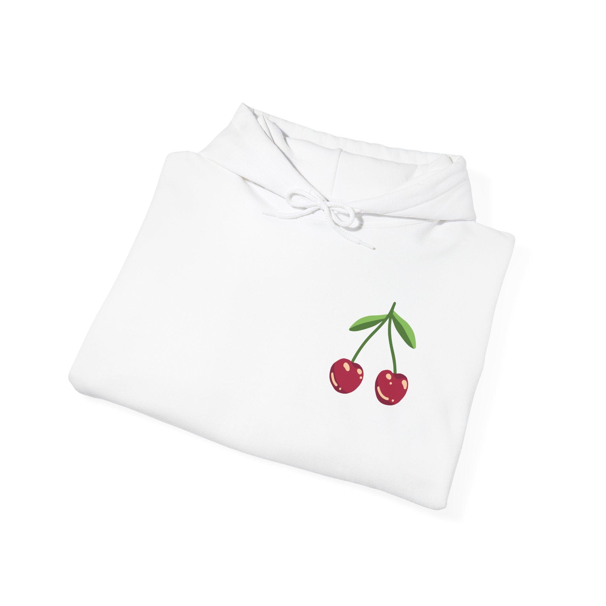 Cherry Minimalist Hoodie — Small Cherry Chest & Sleeve Print