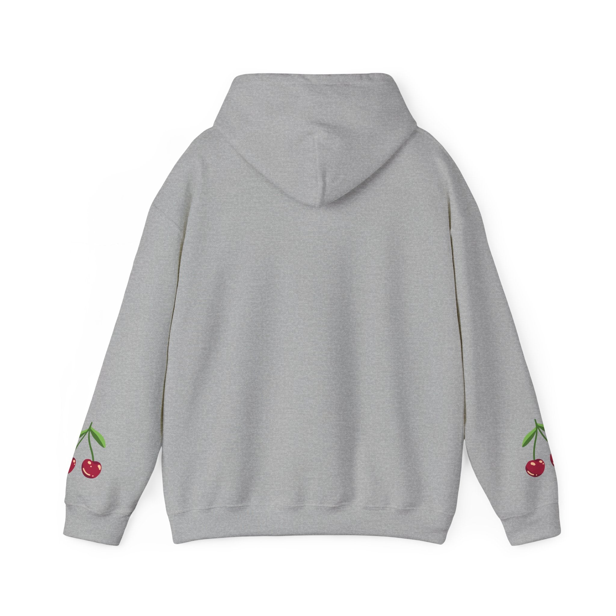 Cherry Minimalist Hoodie — Small Cherry Chest & Sleeve Print